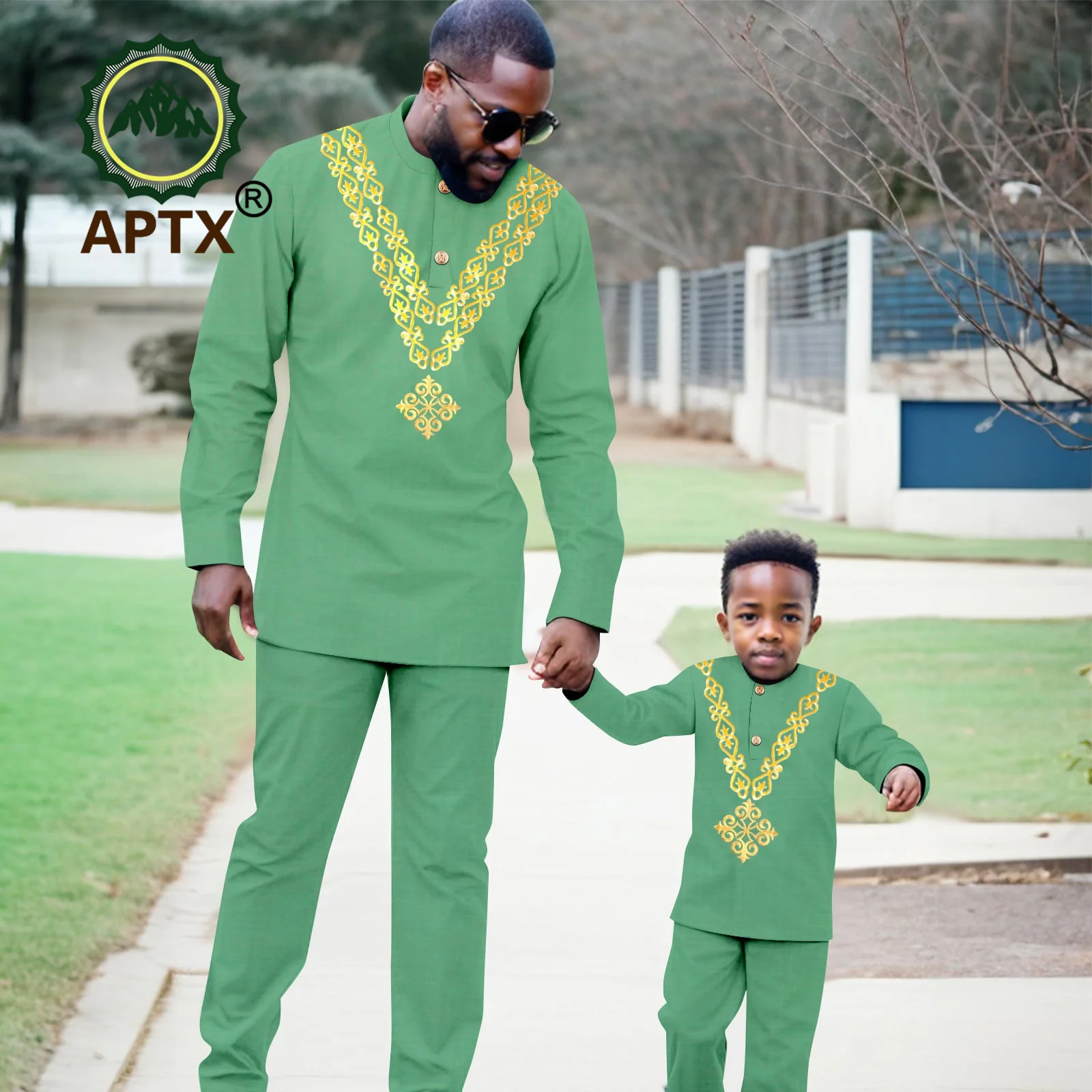 African Family Matching Clothes Ankara Full Sleeve Embroidery Shirt and Pants 2 Piece Set Dashiki Outfit Matching Kids F234015