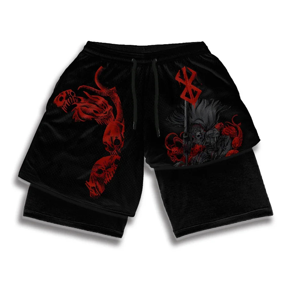 Berserk Guts Anime Shorts Skull Print Y2K 2 in 1 Gym Shorts Men Fitness Mesh Quick Dry Performance Short Pants Workout Summer