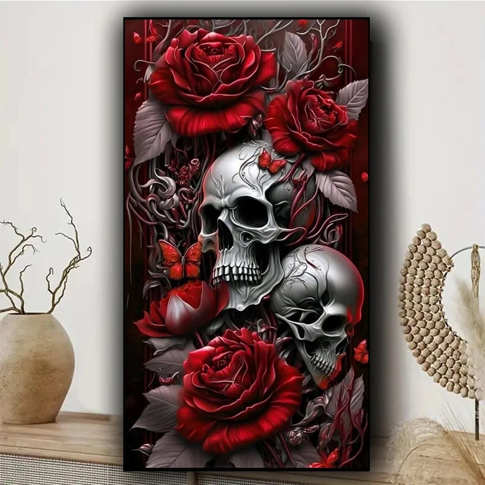 

Large 5D DIY Diamond Art Painting Kit Ancient Red Rose Flowers Skull Full round Mosaic Craft with Portrait Home Decor
