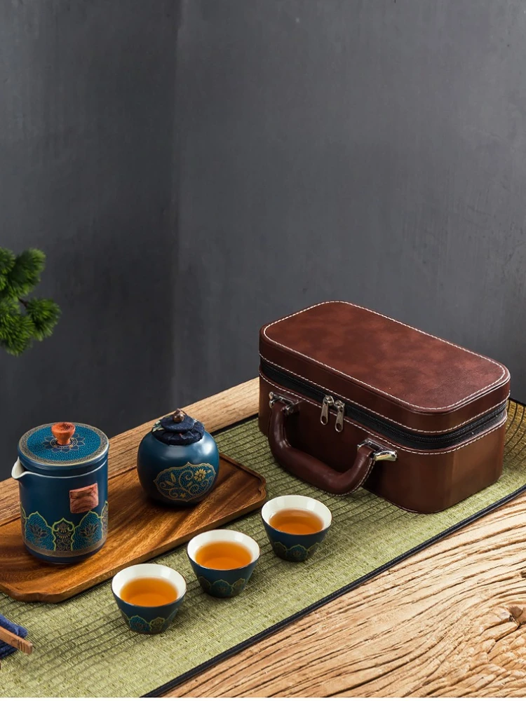 

Дорожный чайный сервиз, портативный чайный сервиз кунг-фу, керамический чайник, чайная банка, чайная чашка, уличная быстрая чашка, чайная банка, упаковка в кожаном пакетике