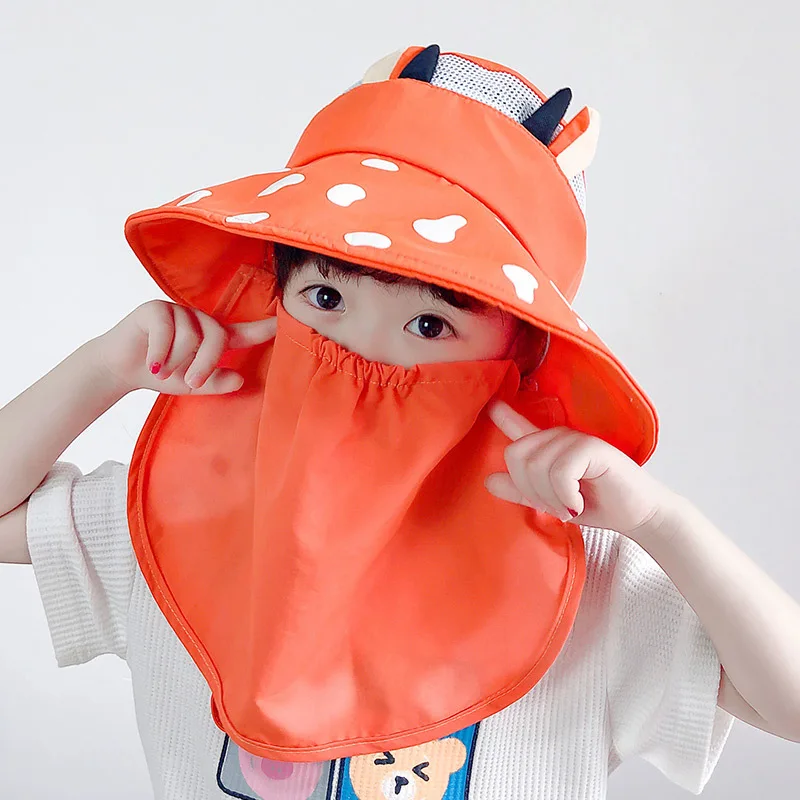 2-7Y Girl cover face hat cartoon children summer big along the sun hat outdoor boy hiking detachable quick-drying hat sunscreen