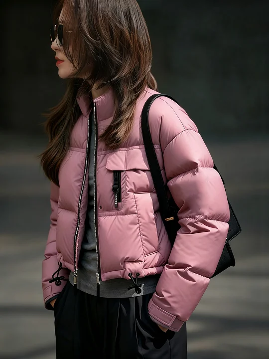 

Adorable Pink Bread Style Short Coat Thick Warm Cotton Padded Korean Fashion Winter Outerwear Zipper Closure Long Sleeve Jacket