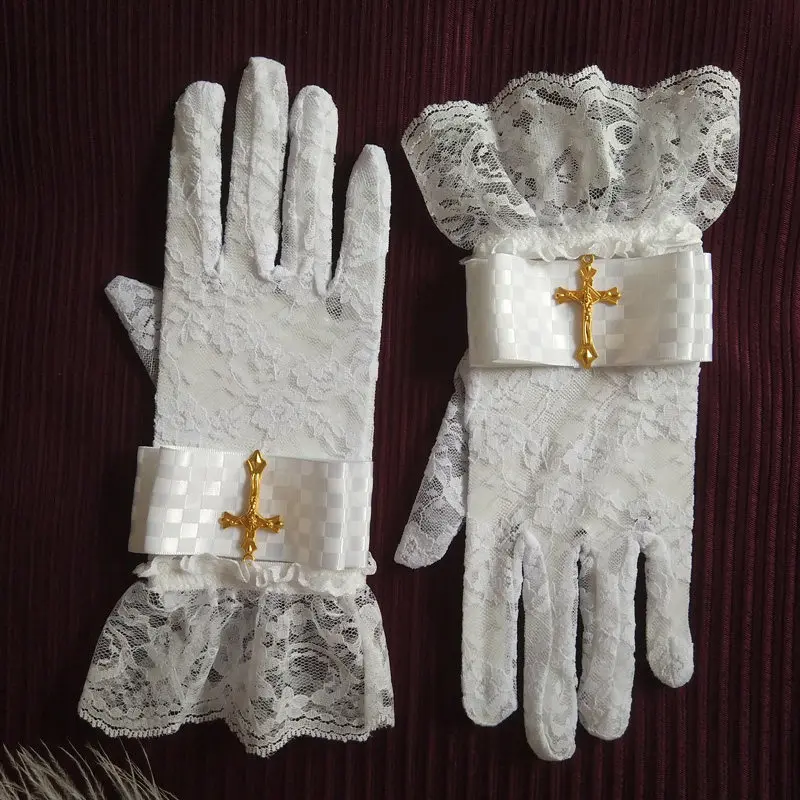 

Gothic Dark Cross Gloves Lolita Bow Bride Sleeves for Women Vintage Court Lace Gloves