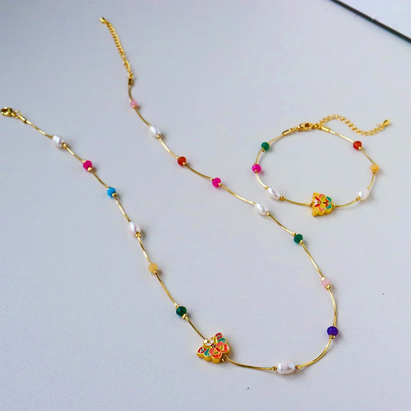 

Fashion Luxury Light Color Freshwater Pearl Enamel Butterfly Necklace Women Versatile Simple Temperament Clavicle Chain Bracelet