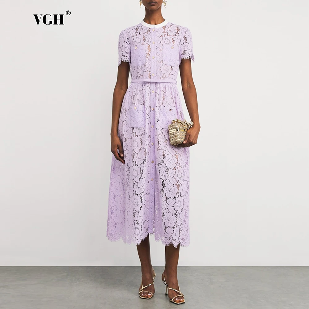 

VGH Elegant Sheer Embroidery Dresses with Pockets for Women O Neck Short Sleeve High Waist Spliced Sashes A Line Dress Female
