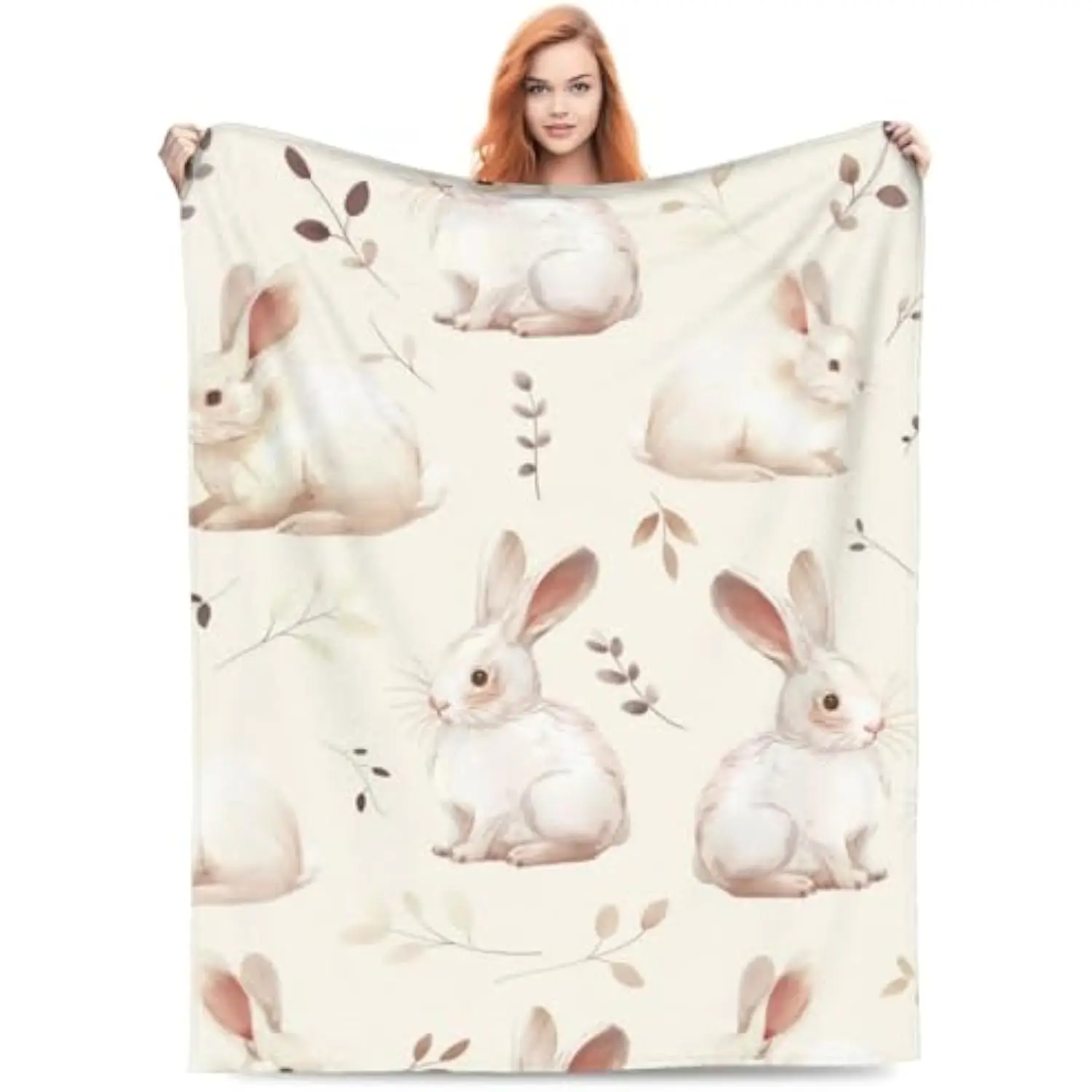 

Cute White Rabbit Watercolor Print Fluffy Fleece Throw Blanket Soft Warm Cozy Animal Plush Blanket for Bed Sofa Couch