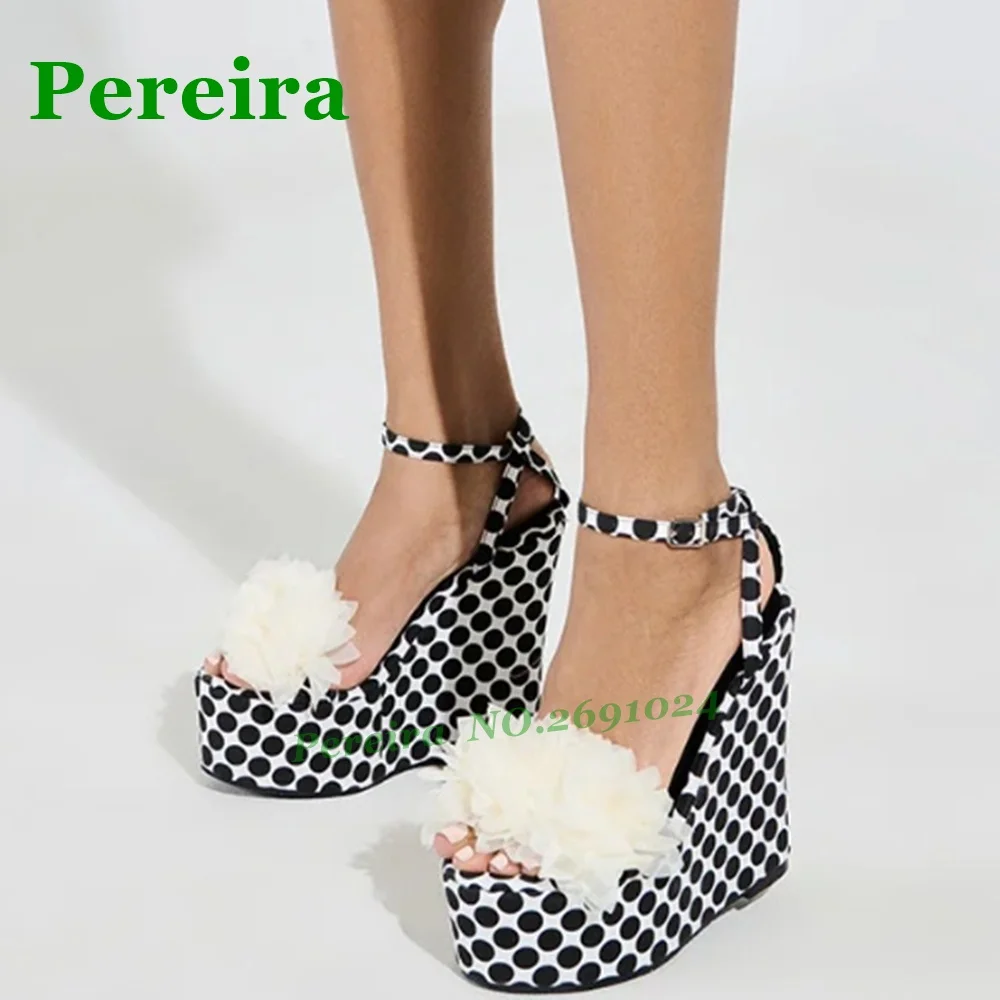 Polka Dot Flower Wedges Sandals Open Toe Platform Buckled Women's Sandals 2025 New Summer High Heels Slingback Runway Party Shoe view 6