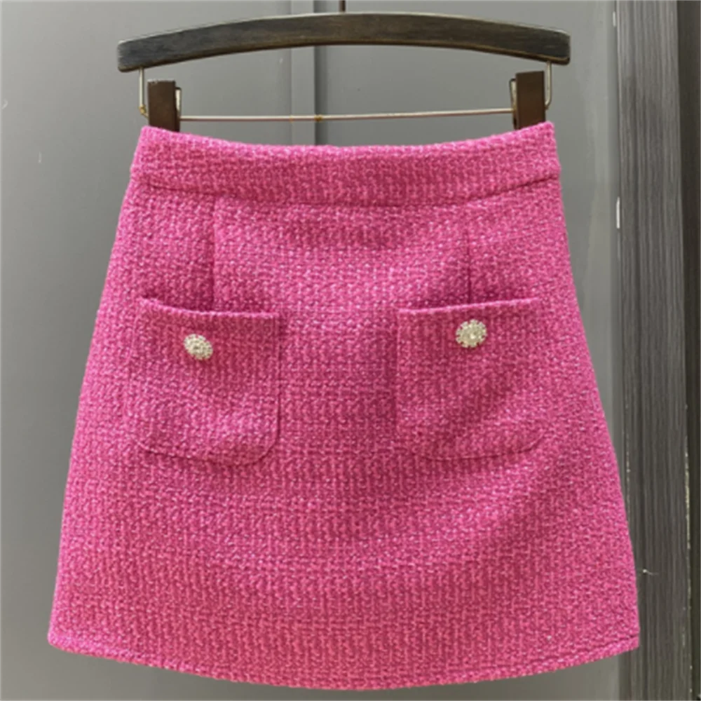 

Rose pink tweed skirt women 2023 new autumn and winter high-waisted a line skirt pocket