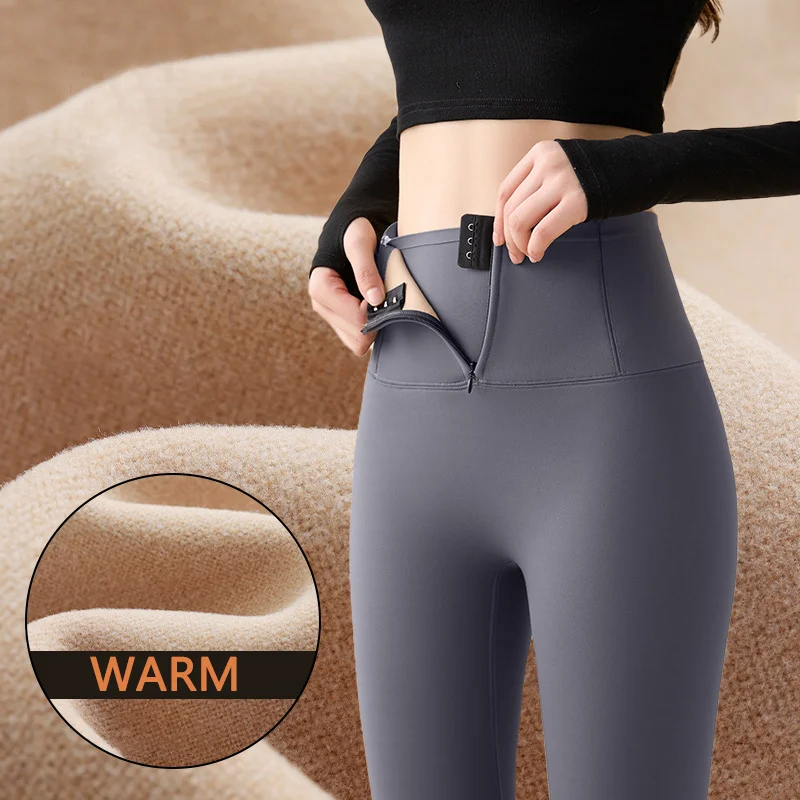 Fall Winter Rabbit Fleece Thick Breasted Zipper Sharkskin leggings Women's Waist Shaping Tight Sports Warm Pants