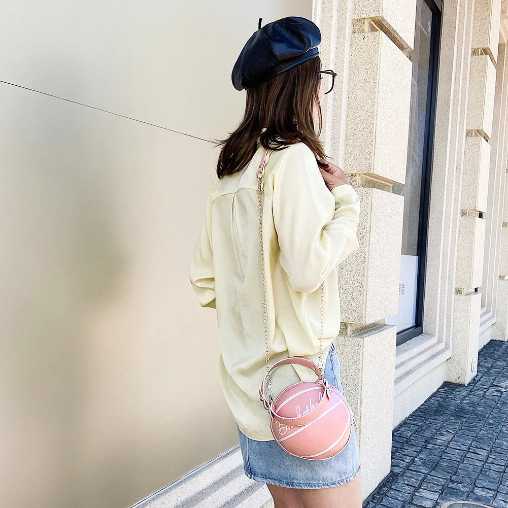 Fashion Basketball Football Round Shaped Shoulder Bags for Women Chain Casual Zipper Totes Purse PU Leather Messenger Crossbody