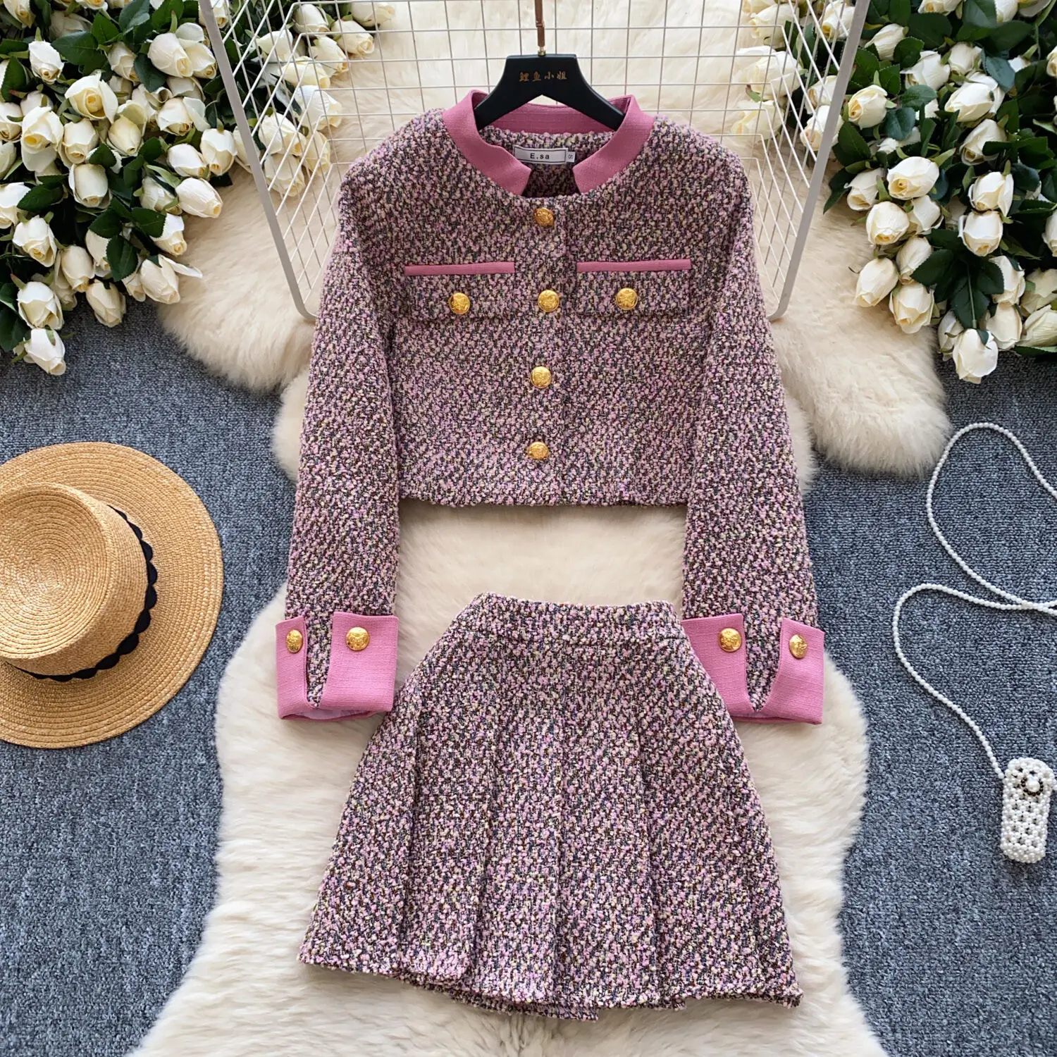 High Quality French Tweed Two Piece Set Lady Sweet Fashion Short Jacket Coat + Skirt 2 Piece Sets Women Outfit Conjuntos Cortos