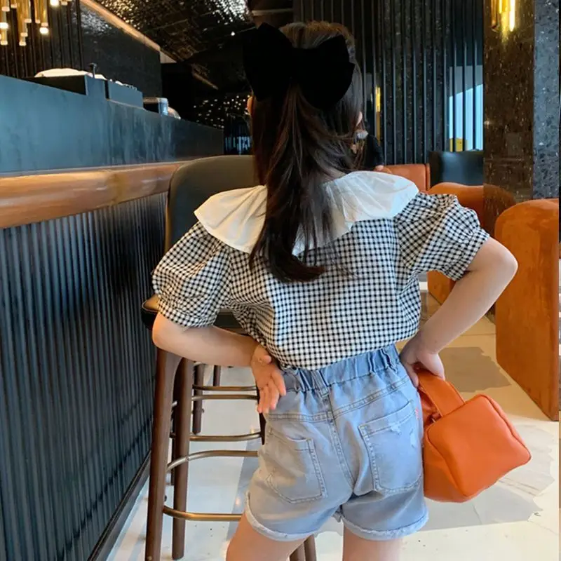 Girls' checkered shirt black retro short sleeved 2026 new stylish summer outfit fashionable doll collar top