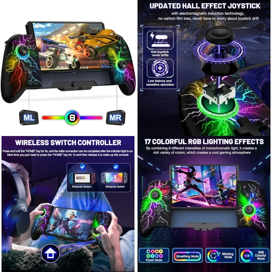 

JC00 Controller Hall Effect OnePiece Wireless Joypad No Drift, No Deadzone with 9 Color Lights for Nintendo Switch/Switch OLED,