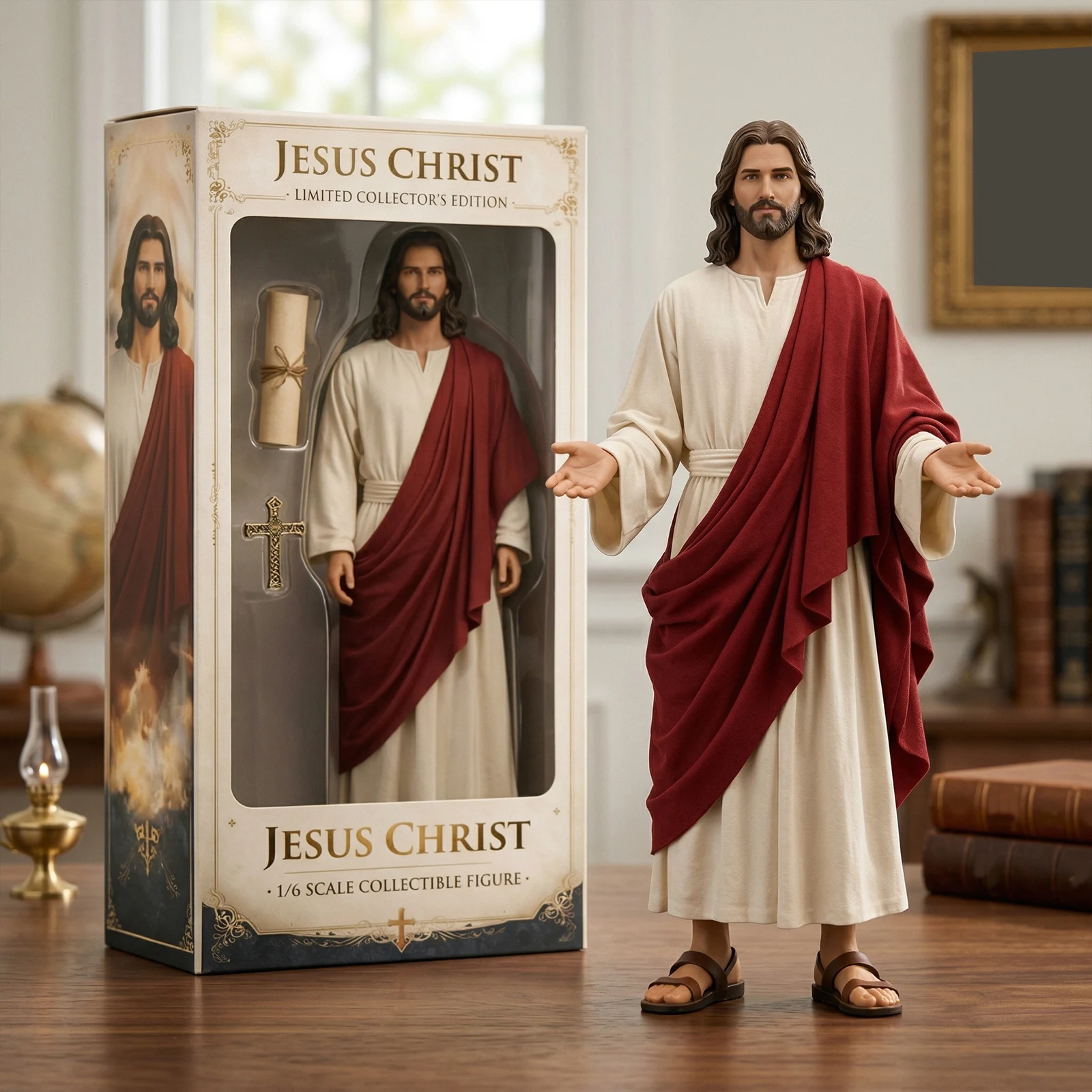 2D-Flachdesign einer Vintage-Jesus-Christus-Statue mit ausgestreckten Armen für religiöse Darstellungen, Weihnachtsfeiern und Cosplay. – Detail 1