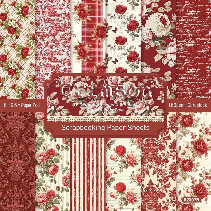 24 hojas de papel de 6 "X 6", papeles con patrón de rosas carmesí, papel de diseño para manualidades decorativas, álbum de recortes, tarjetas hechas a mano DIY