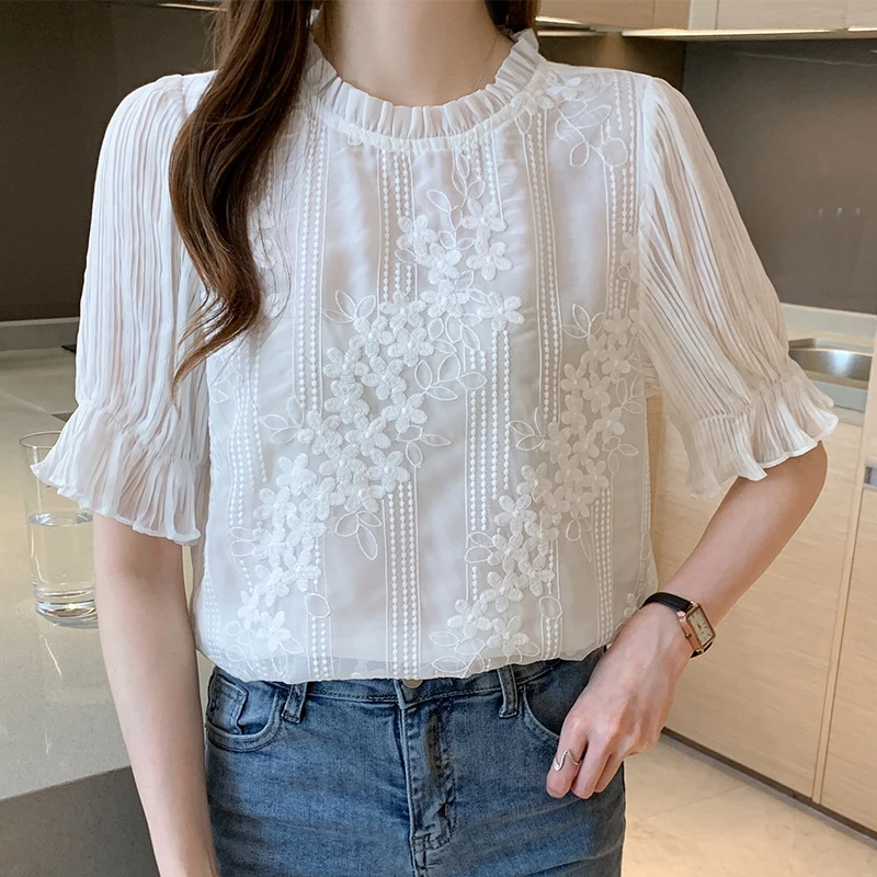 Summer Women Blouse Short Sleeve Embroidery Lace Chiffon Blouse Shirt Blouse Women Blusas Mujer De Moda 2024 Blouses Femme E950