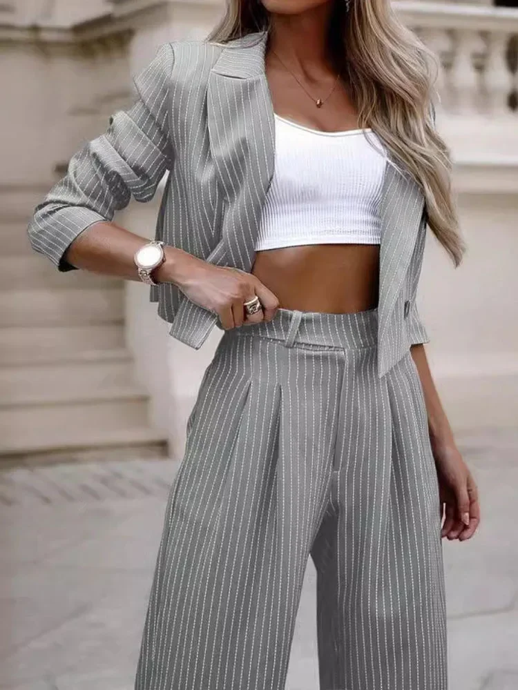 Women Striped Blazer Sets 2 Pcs Sale Notched Cardigan Slim Long Sleeve Cropped Jackets& Casual Pocket Wide Leg Pant Suits