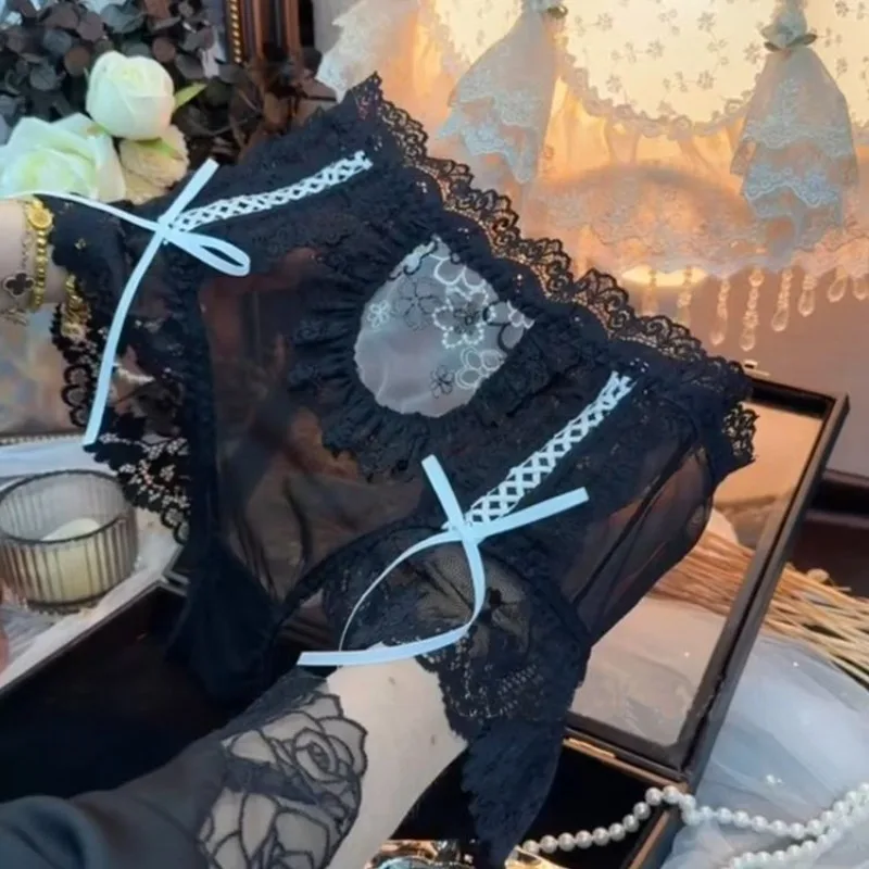 French Bow Lace Embroidered Pure Desire Underwear Women's Fattened High Waist Sexy Hollow Mesh Briefs Smooth and Soft Panties