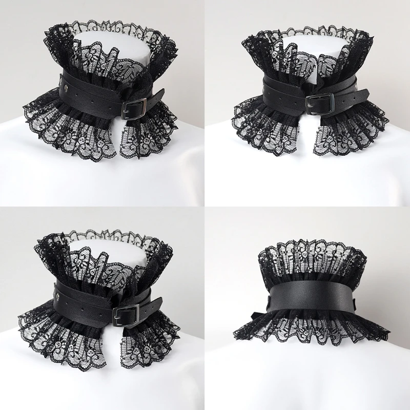 Women Vintage Fake Collar Gothic Black Faux Leather Ruffled Floral Lace Choker Necklace Victorian Neck Ruff