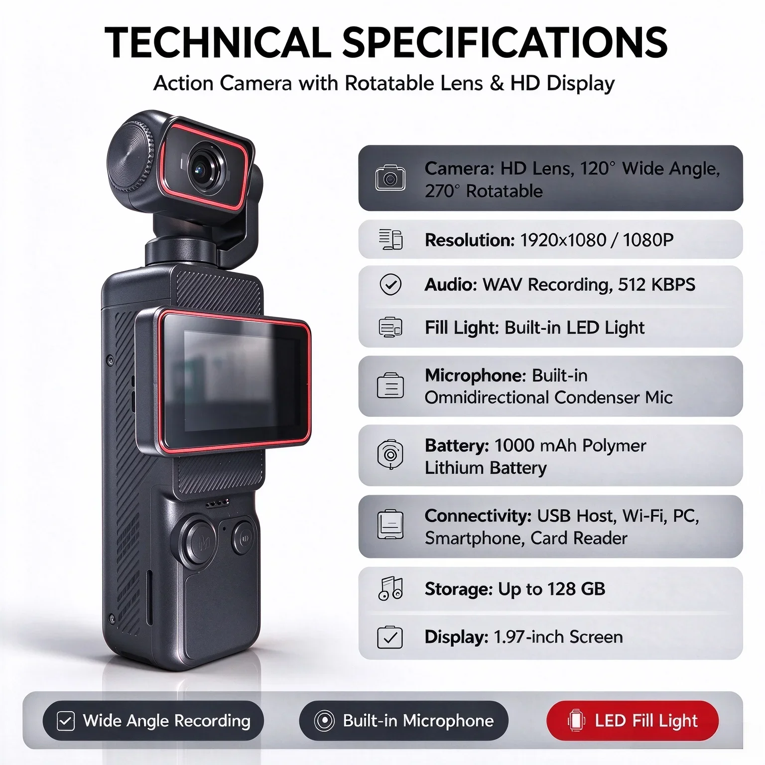New Pocket Handheld Vlog Camera, 270° Rotatable 120° Wide Angle Lens Built-in Fill Light Mic, WiFi Sports Action Cam 1000mAh B