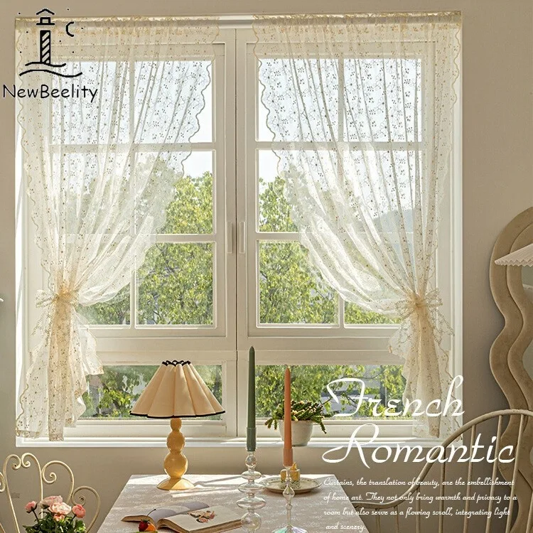 

French Lace Gauze Curtain Cream Embroidery Short Curtain Bay Window Blackout Small Window Pastoral Style Partition Door Tulle