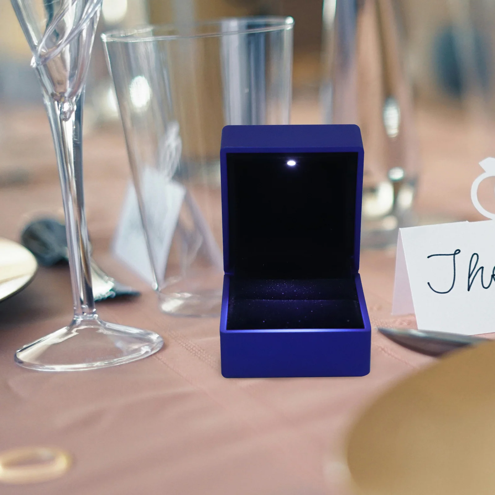 

LED Ring Box Dark Blue Luxury Spray Paint Jewelry Display Holder Illuminated Rings Storage Travel Showcase Organizer