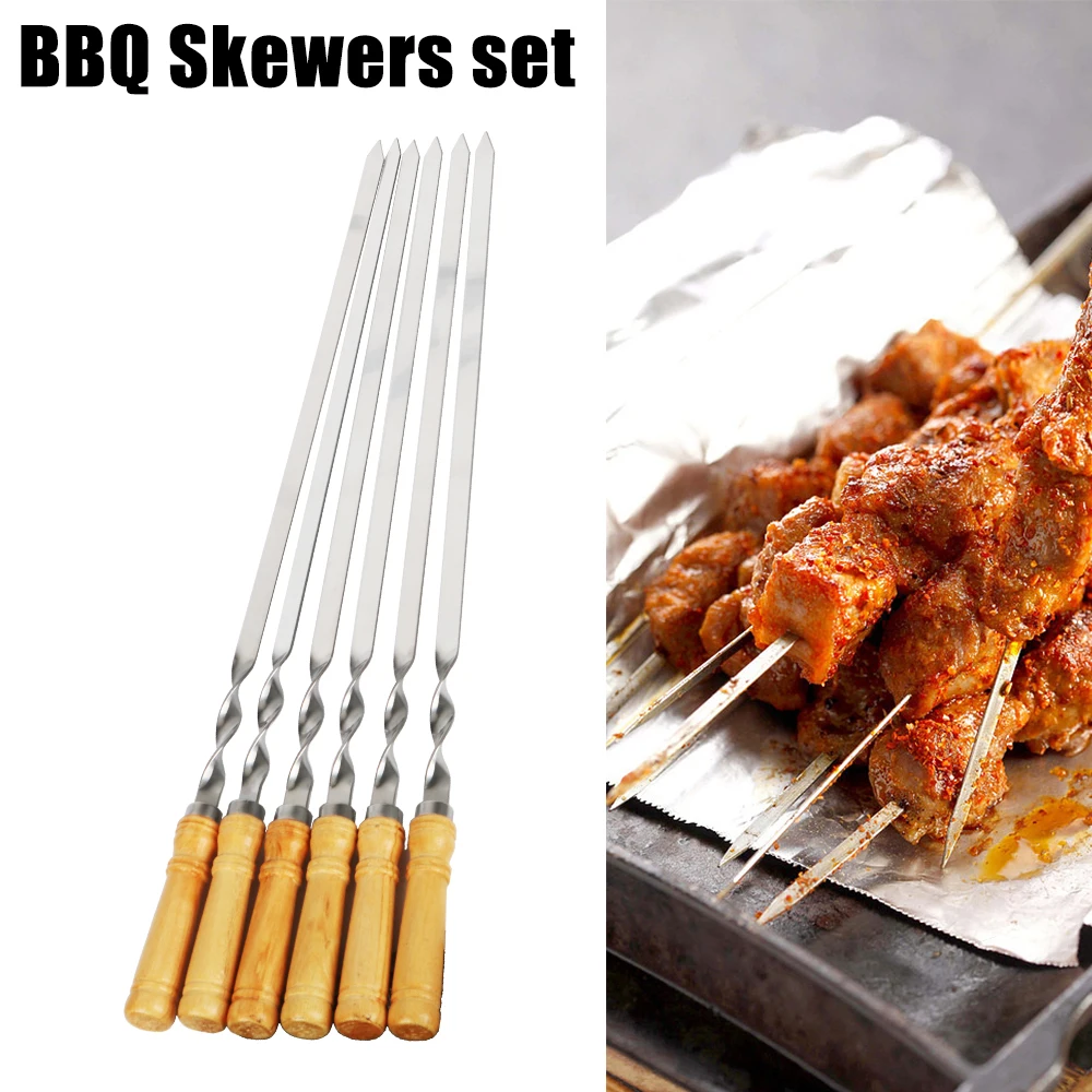 Long Handle Shish Kebab BBQ Skewers Wood BBQ Fork Stainless steel Outdoors Grill Needle Barbecue Grill Stick 55cm 21.65