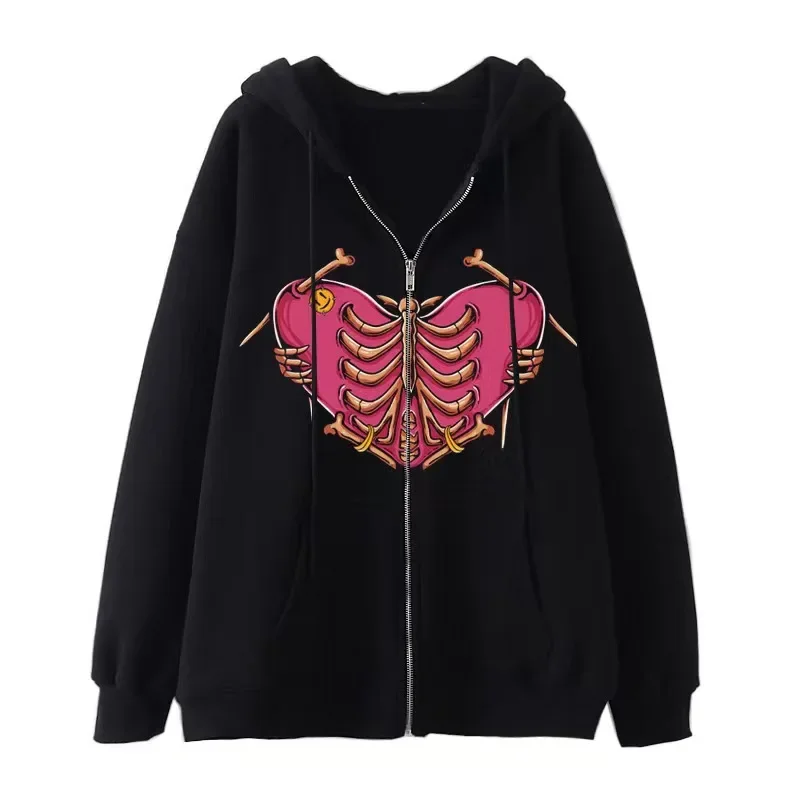 Fashion Y2K Skeleton Hoodies Women Gothic Black Zip Up Oversized Sweatshirt Ladies Retro Harajuku Hooded Jacket Streetwear Coat