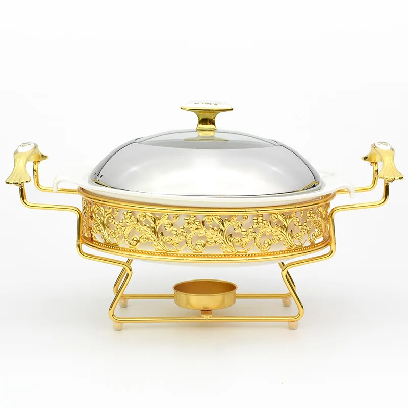 Hot Sale Ceramic Buffet Stove Catering Restaurant Food Warmer Set Luxury Round Ceramic Chafing Dish With Stand