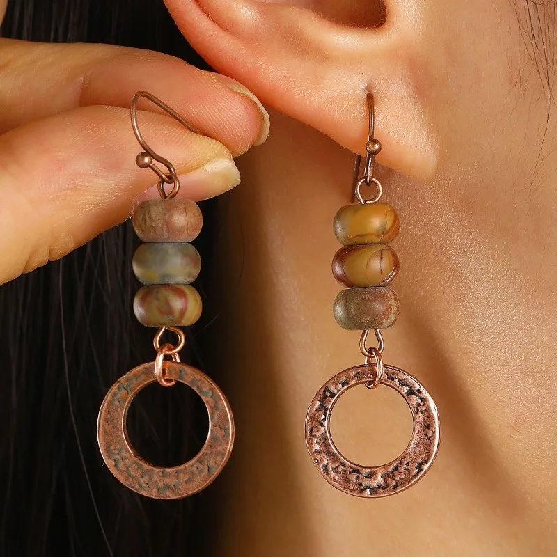 Boho Long Beaded Dangle Earrings Antique Copper‑Tone Hammered Open Circle Drop Earrings for Women Ethnic Retro Statement Jewelry