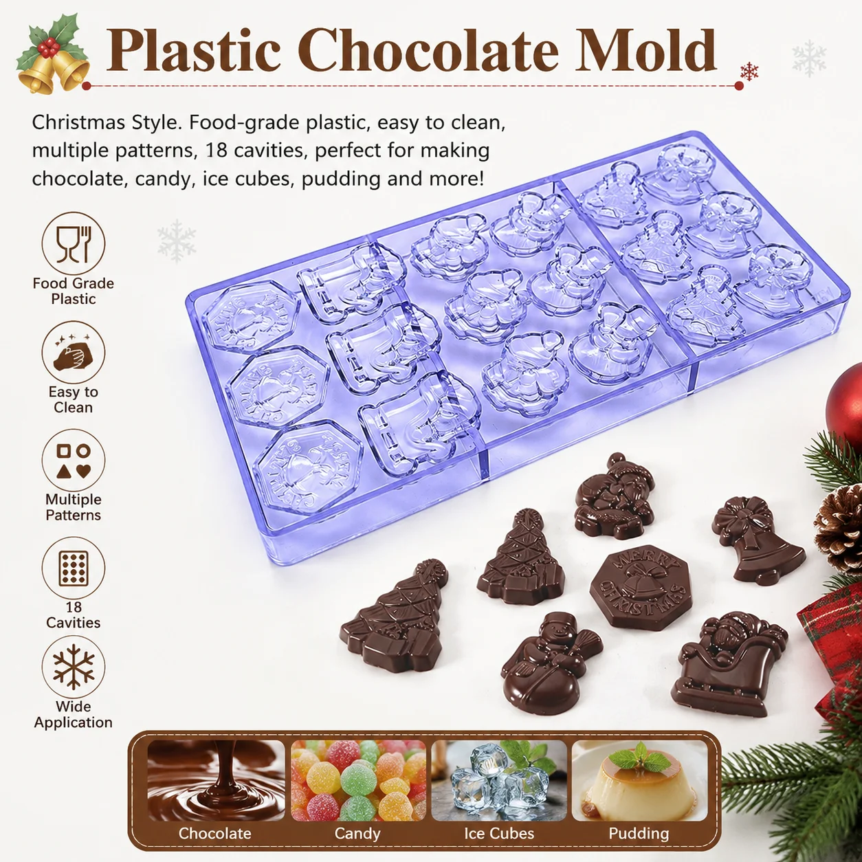 Christmas Polycarbonate Chocolate Mold Santa Sleigh Tree Bell DIY Xmas Candy Chocolate Making Mould