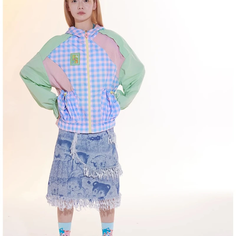 2025 Spring And Summer Thin Plaid Splicing Hooded Women's Jacket New UV Protection Loose Versatile Sunscreen Clothing Ladies