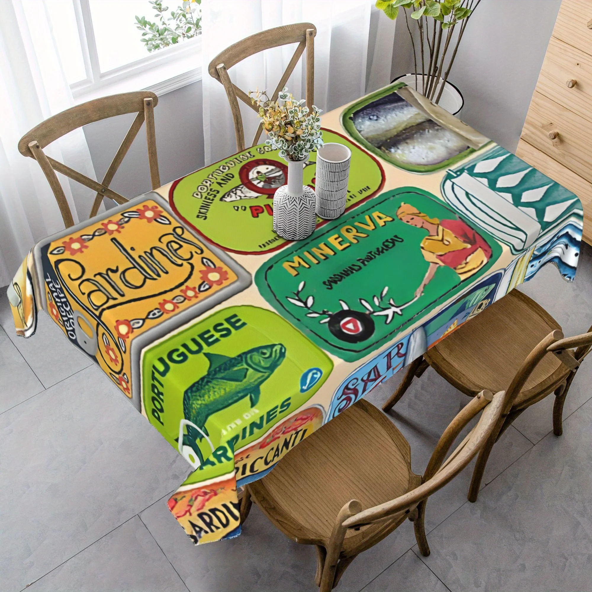 Retro Fish Tin Label Tablecloth Vintage Mixed Sardine Can Art Pattern Tablecover Dinner Table Holiday Party Dining Room Decor