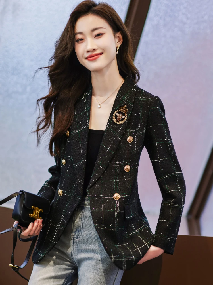 

Spring Edition Plaid Small Fragrance Style Women's Suit Jacket Slim Fit Korean Version Bright Sequin Western Clothes