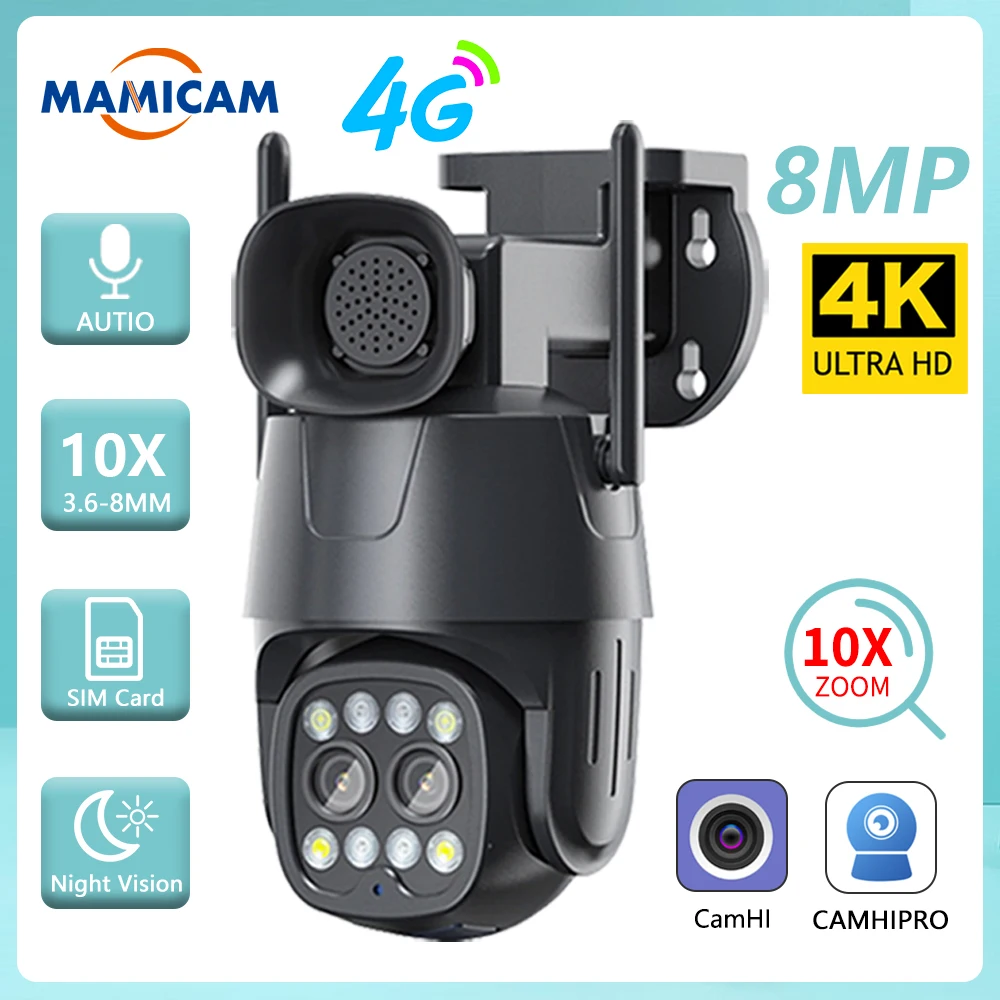 

IP WIFI Camera 4G Sim Card PTZ 8MP Dual Lens 2.8mm-8mm 10X Zoom Outdoor AI Human Tracking Night Vision Security Protection CCTV