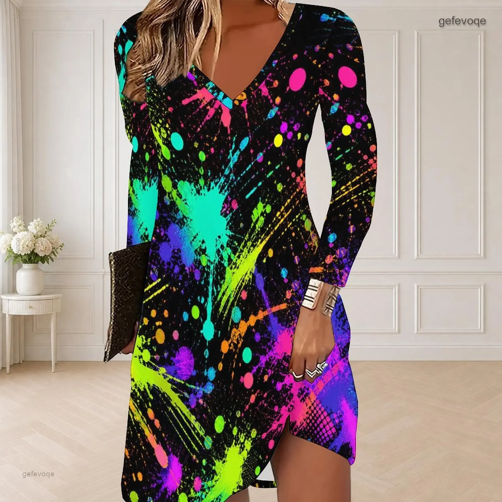 Women V Neck Long Sleeve Curved Hem Printed Dress
