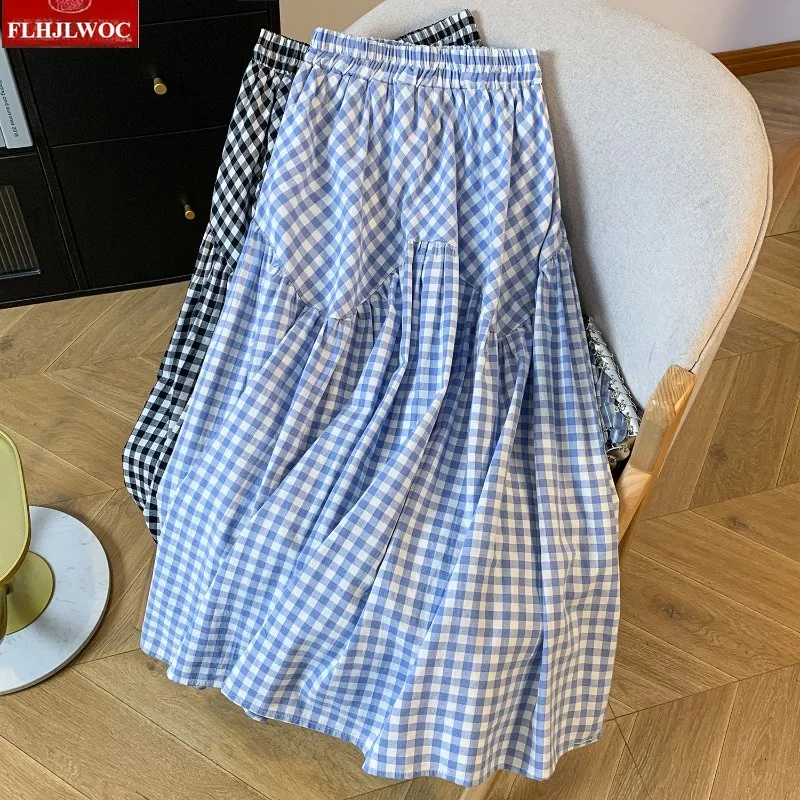 Blue Black Plaid Skirts New Cute Girls Woman 2026 Spring Retro Vintage Preppy Style Elastic High Waist A Line Cotton Skirt