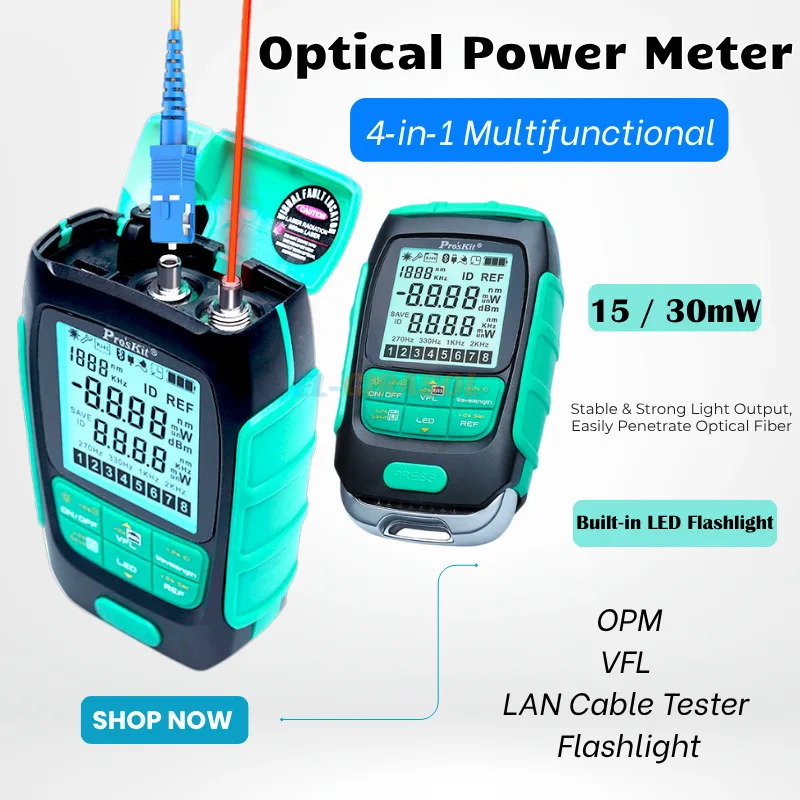4‑in‑1 MT‑7615 Optical Power Meter Visual Fault Locator 15/30mW VFL Network Cable Continuity Tester Built‑in Flashlight FTTH