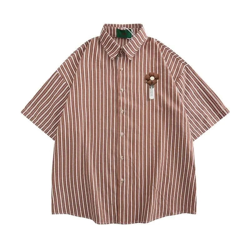 HK Style Vintage Flower Striped Short Sleeve Shirt Men Loose Couple Casual Shirts for Summer