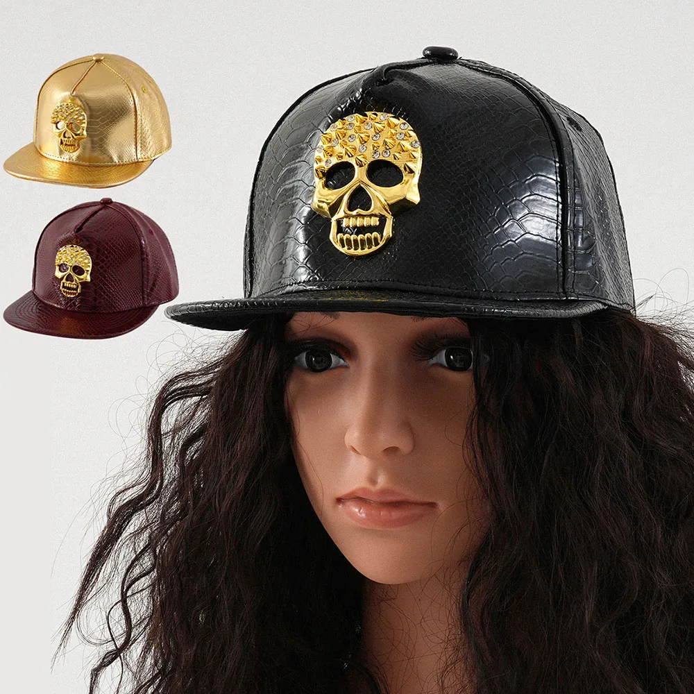 

Adult Caps Flat Hat Hip Hop Snapback SKULL Rivet Baseball Cap Leather Street Dance Caps Trendy Men's Women's Flat Hats
