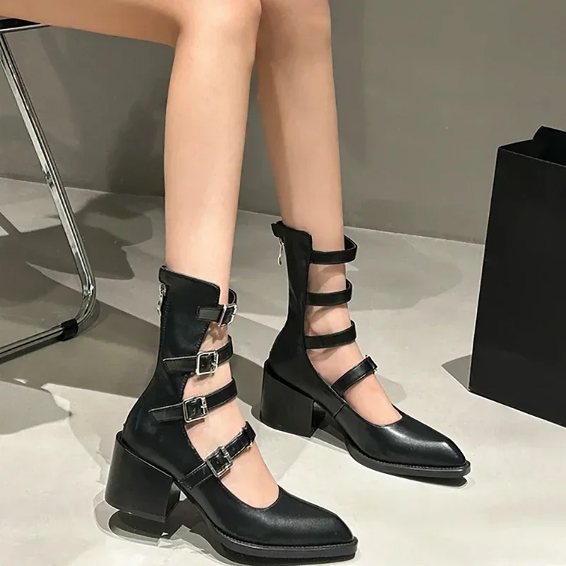 Pointed Toe Women Ankle Boots Fashion Back Zippers Metal Buckle Short Booties Retro Style Female Shoes