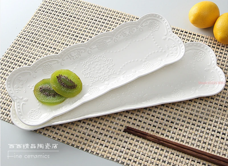 10inch, White Embossed Porcelain Vintage Plate for Buffet Serving, Ceramic Japanese Plates Sushi, Dinnerware for Sushi, Square