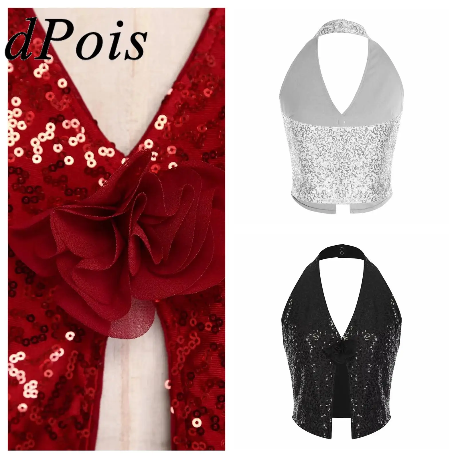 Chalecos para mujer, chaleco brillante con lentejuelas, chaleco sin mangas, Top frontal dividido sin espalda para fiesta de baile, ropa para discoteca