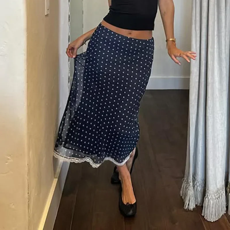 Mesh Polka Dots Long Skirt Women's Contrast Patchwork High Waist Skirt Summer Female Fashion Elegant Loose Skirt 2025
