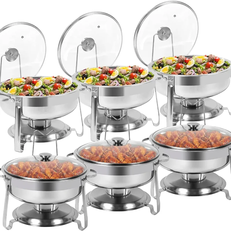 6 Packs Ronde Chafing Schaal Buffet Set, 4 Qt Roestvrij Staal Chafing Schalen Met Glazen Deksel & Deksel Houder,