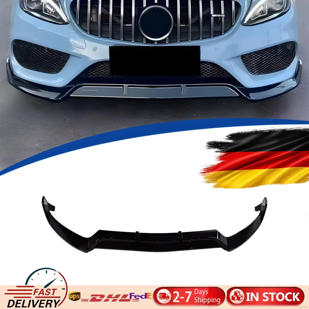 Glänzend Schwarzer 3-teiliger Frontstoßstangen-Spoiler für Mercedes-Benz C-Klasse W205 C180 C200 C250 C260 C300 2015-2018 Brabus-Style Frontsplitter Kinn-Bodykit