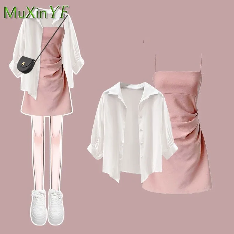 2023 Summer New Dress Matching Set camicia con protezione solare moda donna Top + gonna con cinturino due pezzi coreano elegante Chic abiti Suit