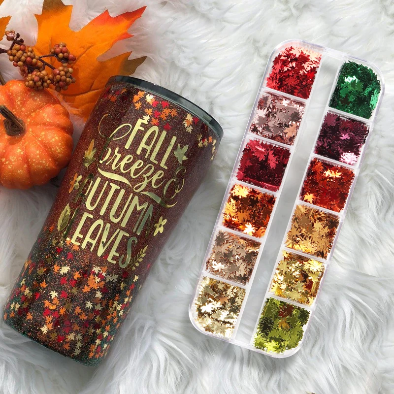 Orange Pumpkin Fall Tumbler Maple Leaf Sequins Resin Filling Epoxy Glitter Cup DIY Fall Leaf Resin Shaker Fillers Nail Art Decor