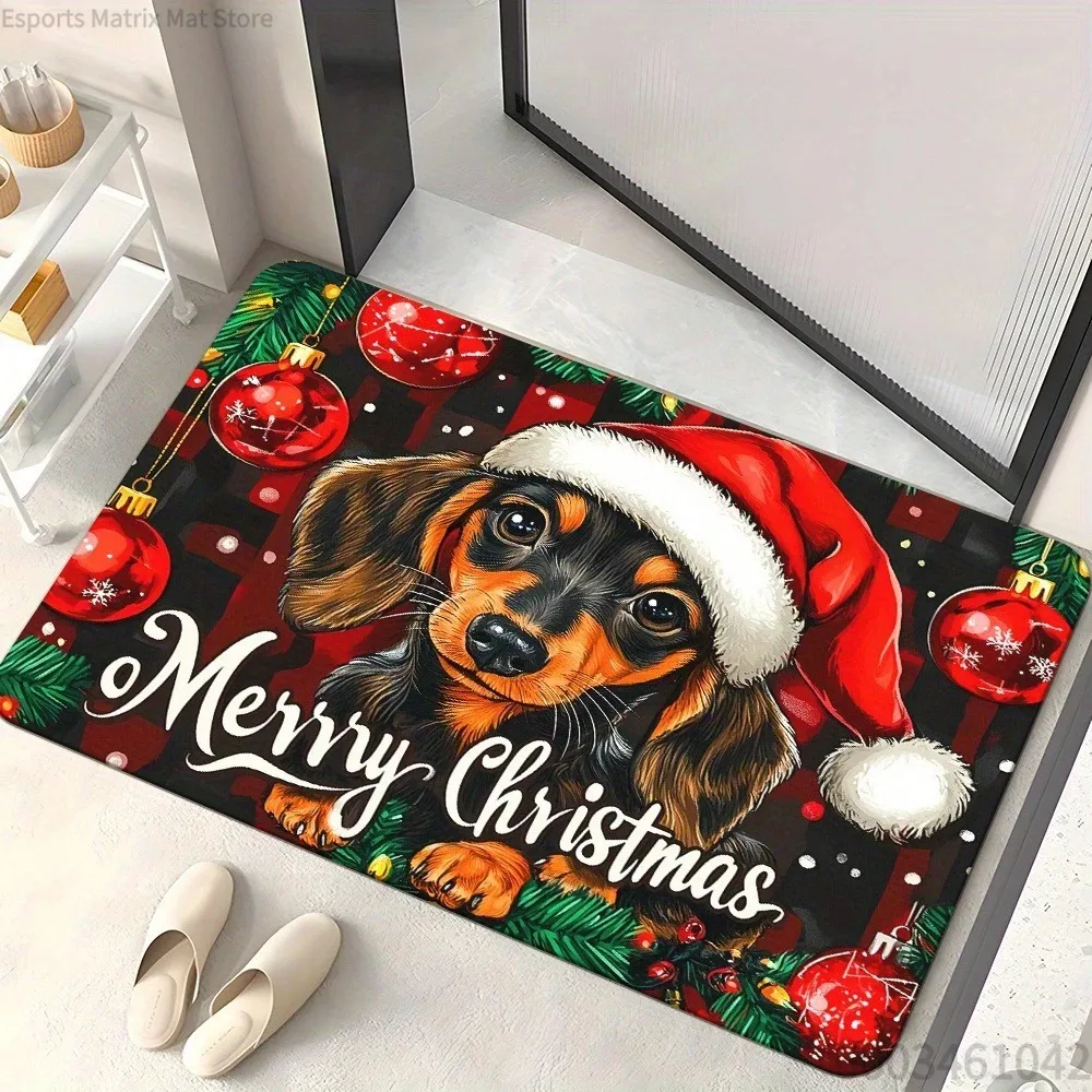 1pc Christmas Dachshund Mat: Merry Fest , Holiday Indoor and Outdoor Rear Front Door Welcome Mat Winter Door Mat.