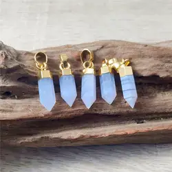 FUWO Wholesale Natural Blue Lace Agates Point Pendant,Golden Plated Spike Shape Crystal Accessories For Jewelry Making PD121 5Pc